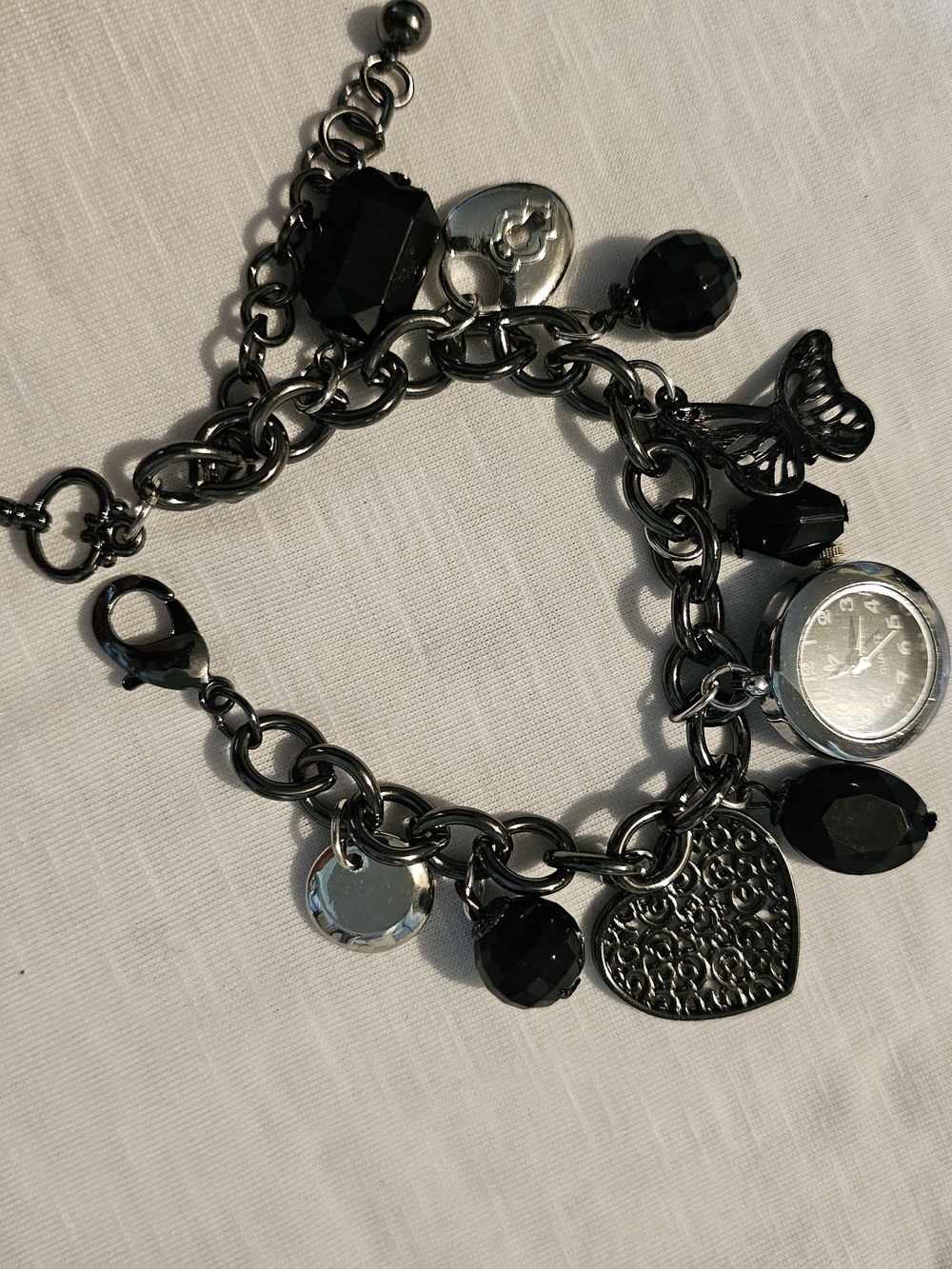 Black Faceted Bead Charm Bracelet with Watch Pendant